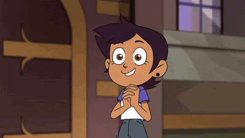 a cartoon character with purple hair and a white shirt