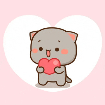 a cute cartoon cat is holding a pink heart in its paws .