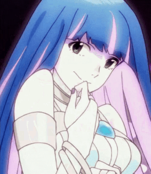 a drawing of a girl with long blue hair and pink highlights