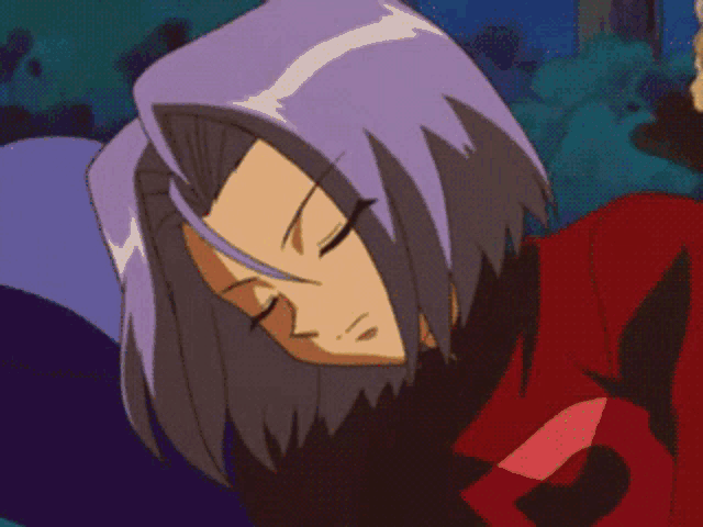 a cartoon character with purple hair and a red jacket is sleeping