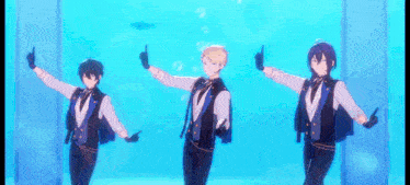 a group of anime characters are dancing in front of a blue background .