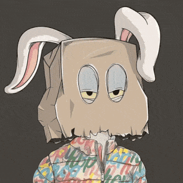 a cartoon drawing of a rabbit with a paper bag on its head