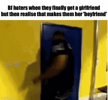 a man standing in a doorway with a caption that says bf haters