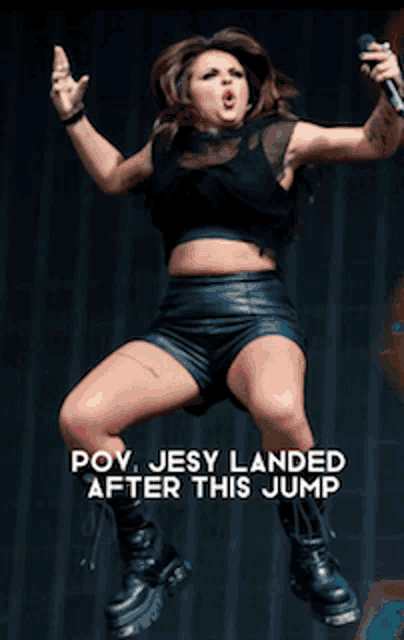 a woman is jumping in the air with the words pov jesy landed after this jump on the bottom