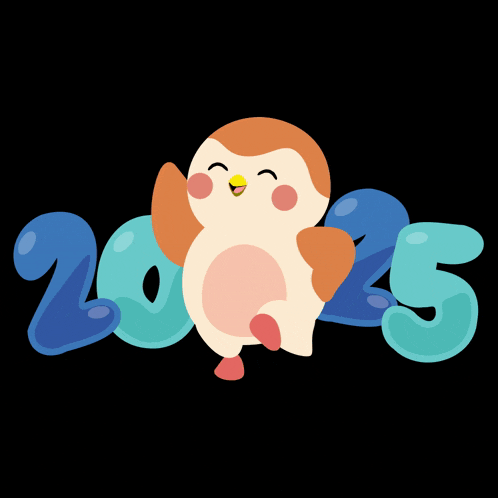 a cartoon penguin is standing next to the number 2025 on a black background