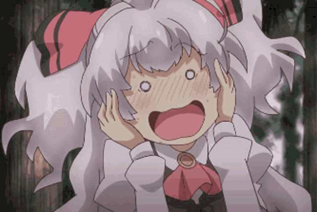 a girl with a surprised look on her face is wearing a pink bow tie