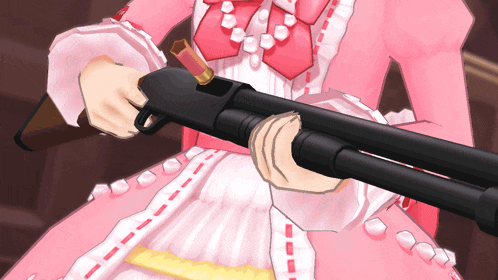a woman in a pink dress holds a shotgun