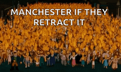 a cartoon of a crowd of people standing in front of a fire .
