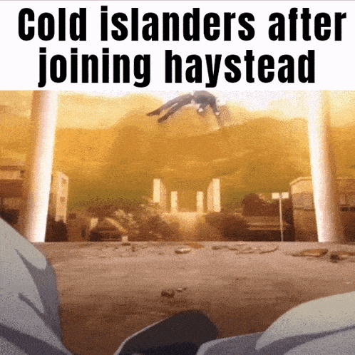 a man is flying through the air with the words cold islanders after joining haystead