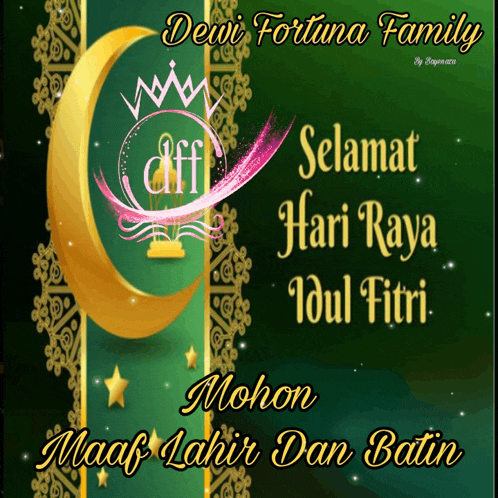 a dewi fortuna family greeting card with a gold crescent moon