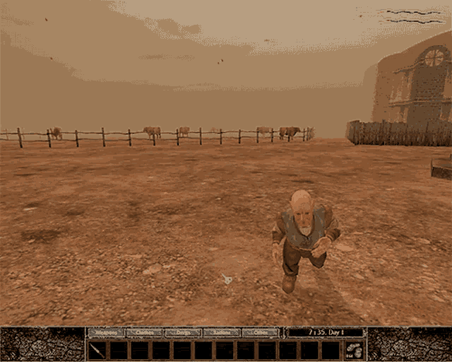a screenshot of a video game shows a man running in a field with horses in the background