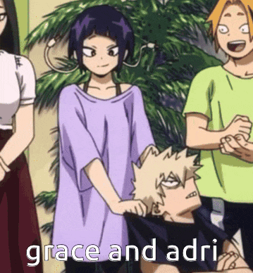 a group of anime characters are standing around each other with the words grace and adri written on the bottom .
