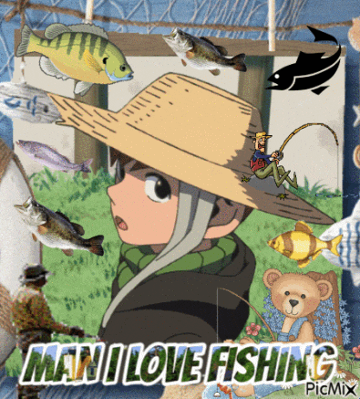 a man in a straw hat is surrounded by fish and the words man i love fishing on the bottom