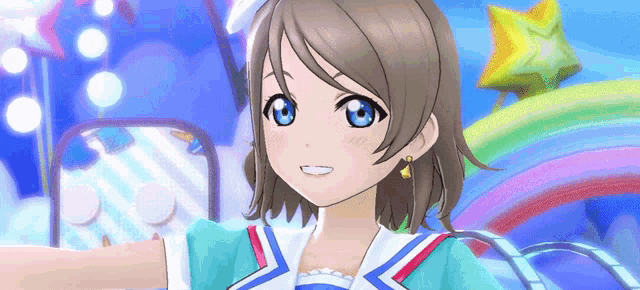 a girl with blue eyes and a blue and white outfit