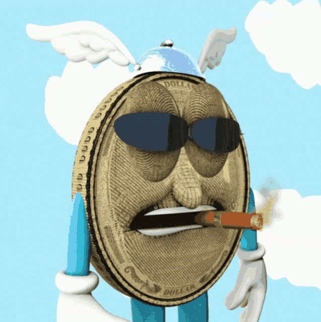 a cartoon drawing of a dollar coin with wings and sunglasses smoking a cigar