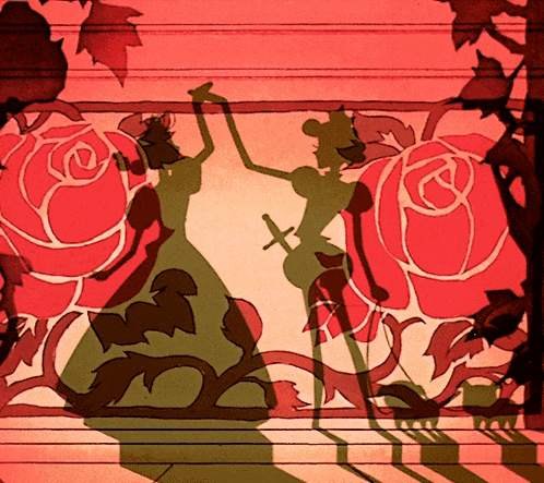a painting of a woman dancing with roses in the background