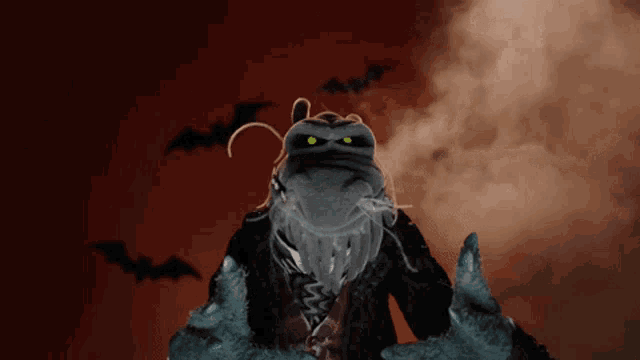a cartoon character with a beard and green eyes stands in front of bats
