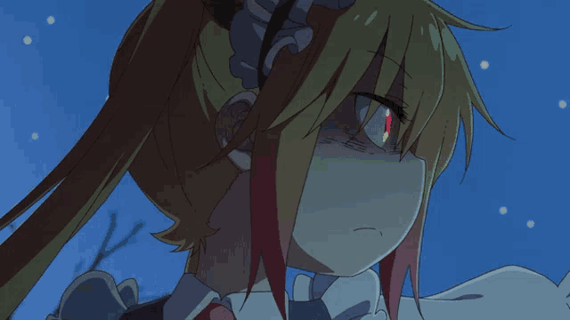 a close up of a anime character with a red eye