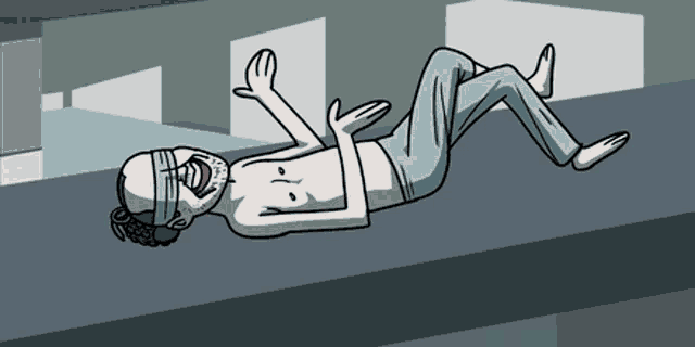 a cartoon of a man laying on his back with his eyes blindfolded