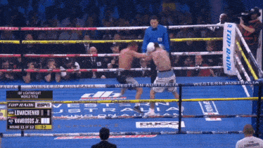 two boxers are fighting in a boxing ring with a sign that says top rank