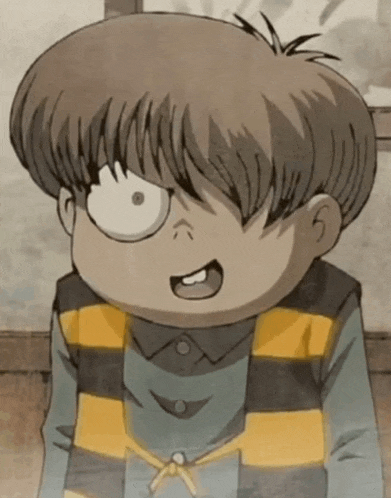 a close up of a cartoon character with a striped shirt on