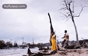 a man and a woman are standing on a beach next to a river .