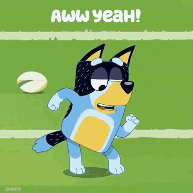 a cartoon dog says aww yeah while running on a green field