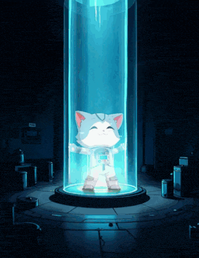 a cartoon cat in a space suit is in a glass container