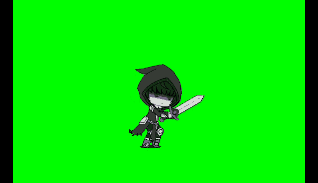 a boy in a hood is holding a sword in front of a green screen .