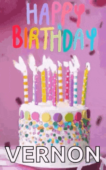 a birthday cake with candles on it and the words `` happy birthday vernon '' on it .