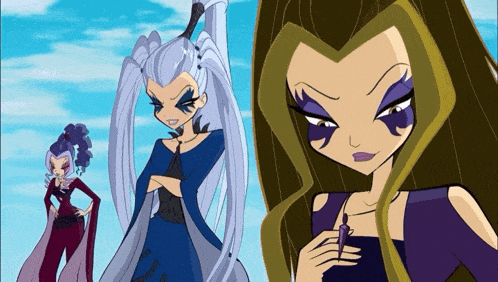 three cartoon characters are standing next to each other with one holding a purple bottle