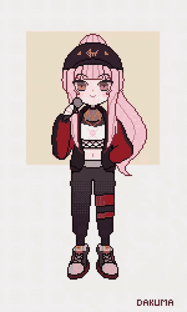 a pixel art drawing of a girl wearing sunglasses and a beanie with the letter t on it