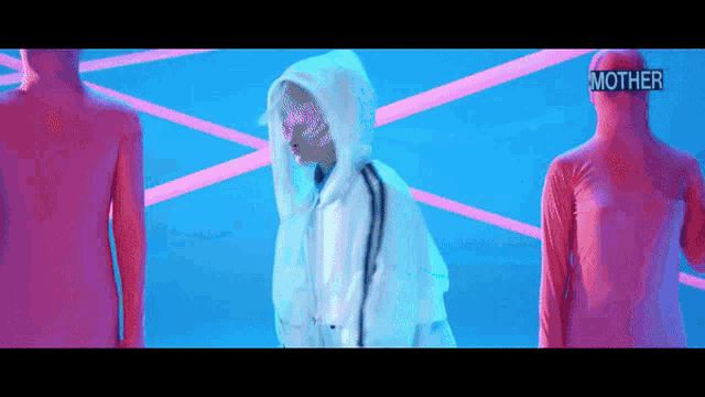 a woman in a white hooded jacket is surrounded by pink bodies and the word mother is on the bottom