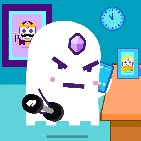 a cartoon of a ghost lifting a dumbbell and looking at a phone