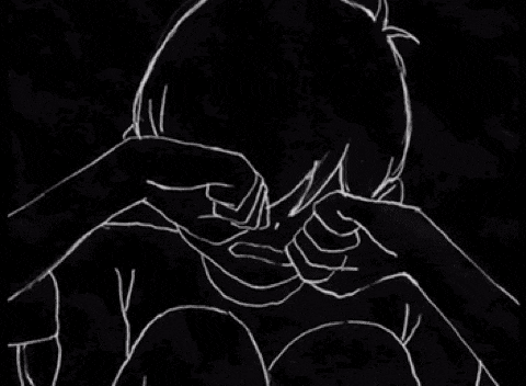 a drawing of a person covering their face with their hands .