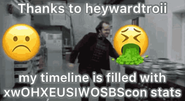 a meme of a man vomiting green beans and a sad face .