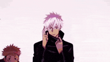 a couple of anime characters are standing next to each other in front of a black and white background .