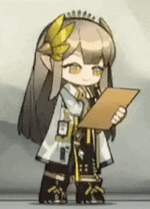 a cartoon girl is holding a piece of paper and wearing a laurel wreath .