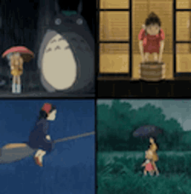 a collage of four pictures of cartoon characters including totoro