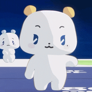 a white teddy bear with a yellow ear is walking
