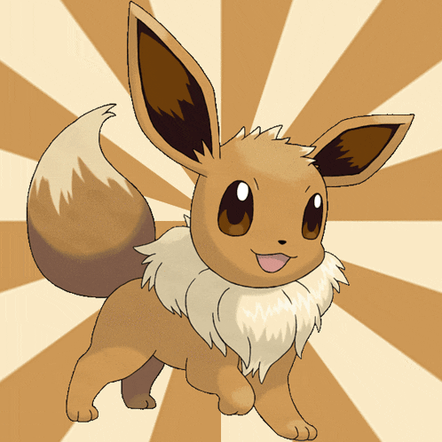 a cartoon eevee with a striped background behind it
