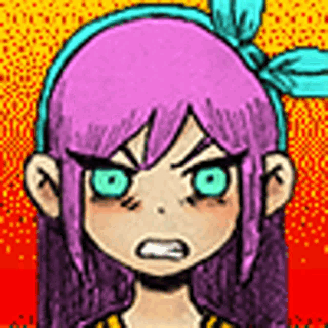 a drawing of a girl with purple hair and green eyes .