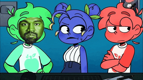 a cartoon of a man with green hair and a woman with blue hair and a boy with red hair