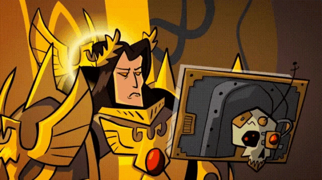 a cartoon drawing of a man with a crown holding a skull