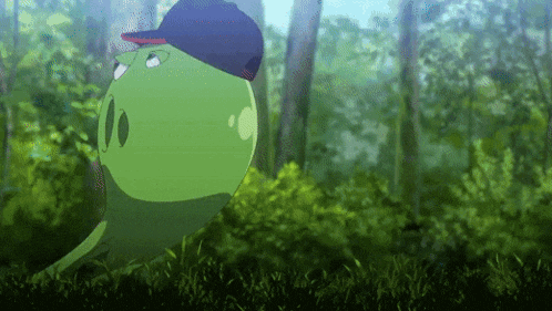 a green frog wearing a baseball cap is walking through a forest
