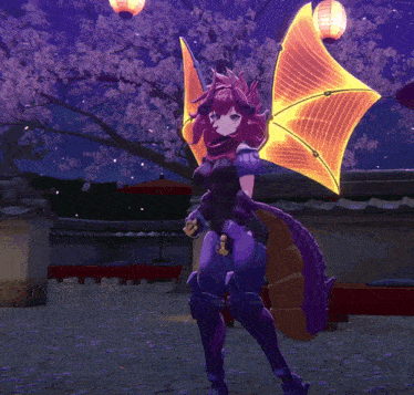a girl in a dragon costume is standing in front of a tree with flowers