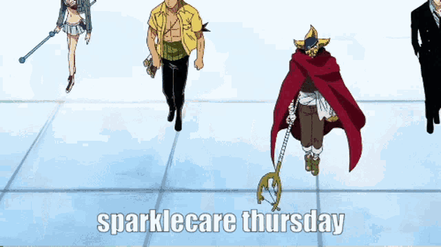 a group of people walking with the words sparklecare thursday in the corner