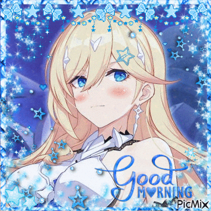 a picture of a blonde anime girl with blue eyes and the words `` good morning '' written on the bottom .