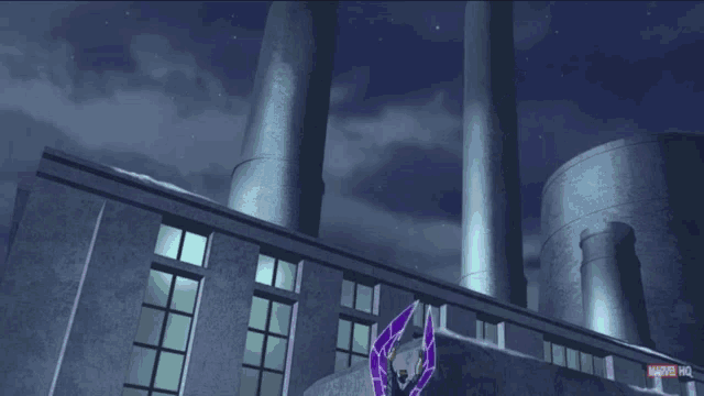 a purple superhero is flying through the air above a building