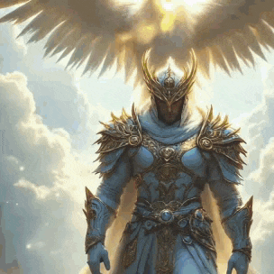 a knight in armor is standing in the clouds with his wings outstretched .
